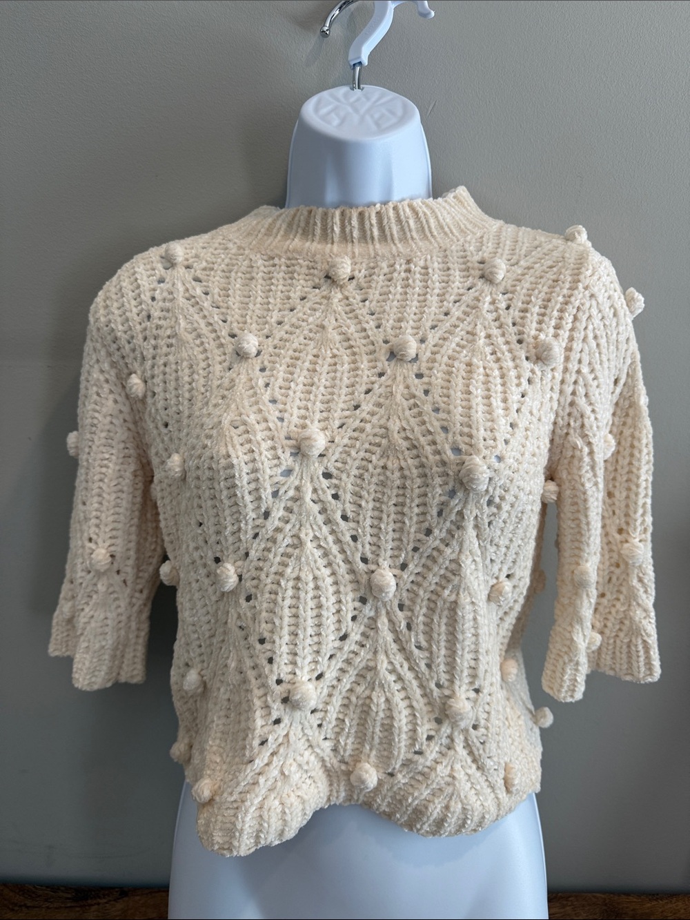 Lost + Wander Cream Pom-Pom Short Sleeve Knit Sweater